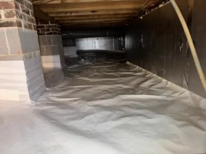 Encapsulated crawl space with vapor barrier and dehumidifier installed in Cary NC home