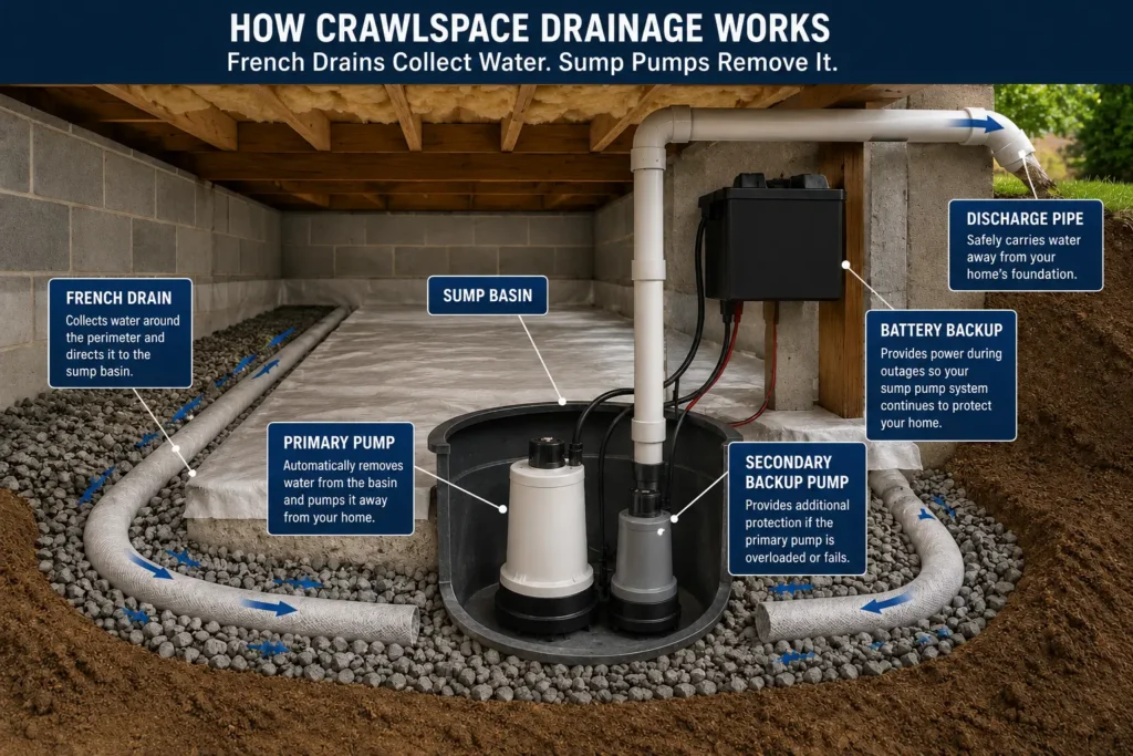 Illustrated cutaway diagram showing how a crawlspace drainage system works with a French drain collecting groundwater, a sump basin with primary and backup pumps, a battery backup, and a discharge pipe directing water away from the home's foundation.